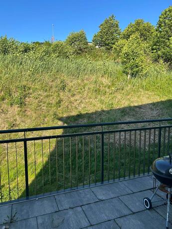 Wohnung Sieggraben Terrasse – Terrasse mit Betonplatten, Metallgeländer und Kugelgrill, dahinter begrünter Hang