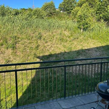 Wohnung Sieggraben Terrasse – Terrasse mit Betonplatten, Metallgeländer und Kugelgrill, dahinter begrünter Hang