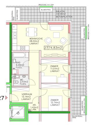 Grundriss der 3-Zimmer-Wohnung Top 27 mit 74,83 m² Wohnfläche und 33,54 m² Balkon in Eisenstadt