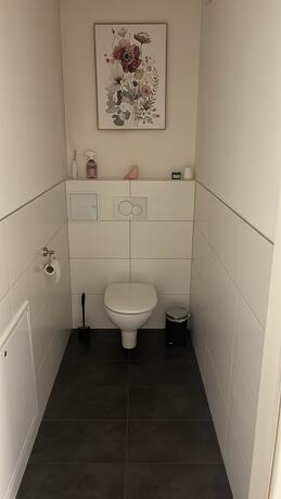Separates WC mit wandhängendem WC, dunklen Bodenfliesen und dekorativem Blumenbild