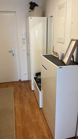 Eingangsbereich mit weißem Schuhschrank, Garderobenspiegel und hellem Laminatboden
