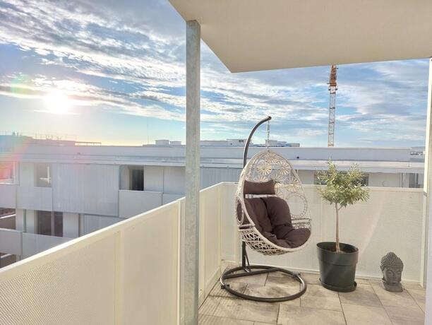 Sonniger Balkon mit Hängesessel und Olivenbaum mit Weitblick über Eisenstadt bei Sonnenuntergang